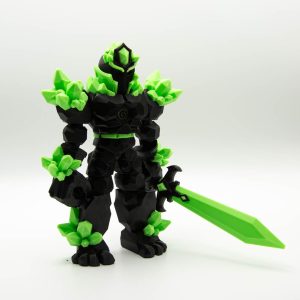 Crystal Warrior articulated 3D printed figure with sword in black and green