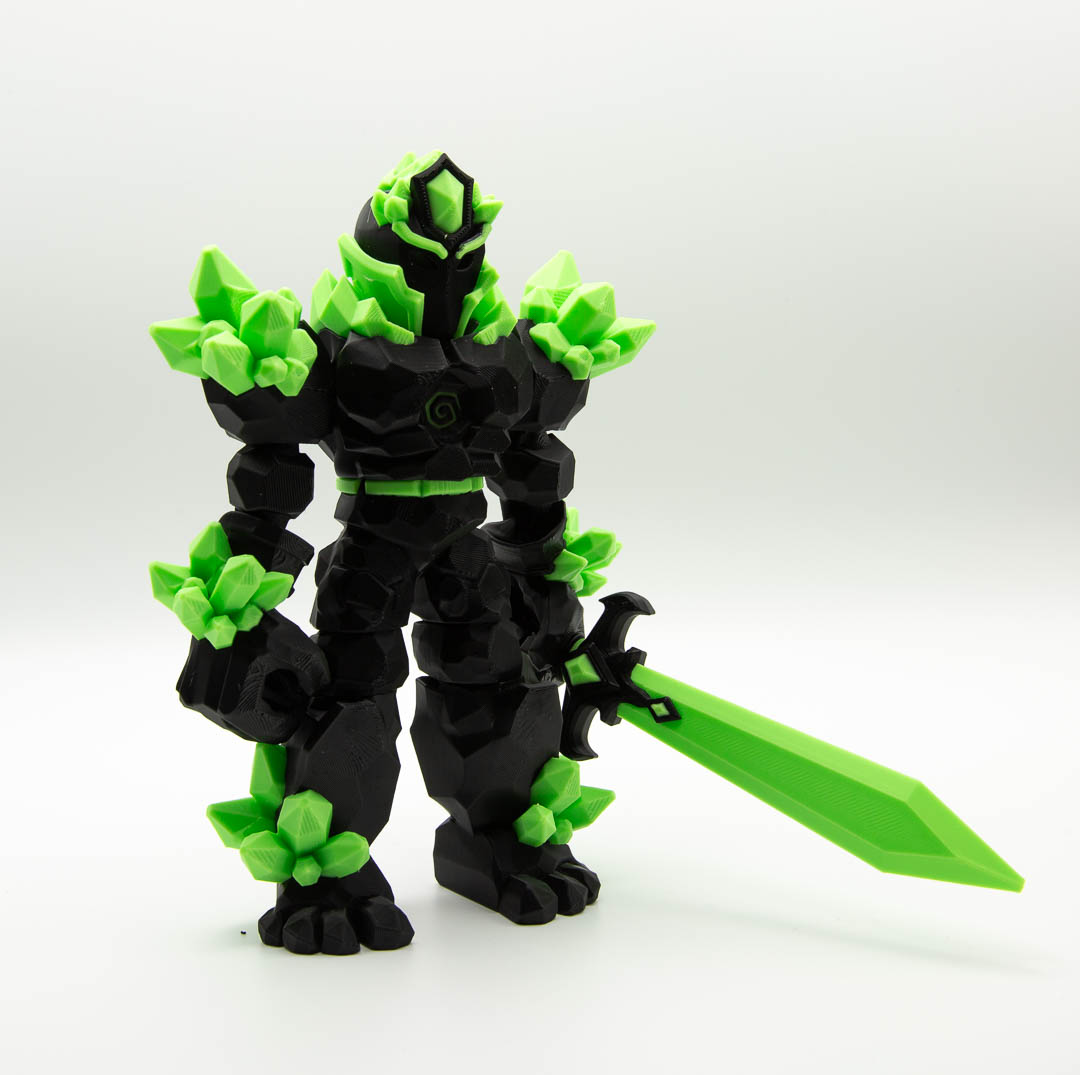 Crystal Warrior articulated 3D printed figure with sword in black and green