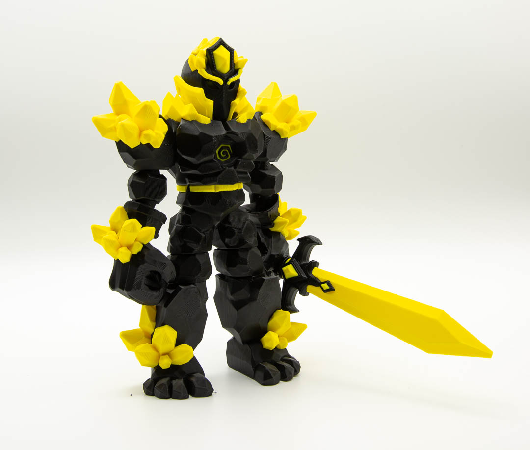 Crystal Warrior articulated 3D printed figure with sword in black and yellow