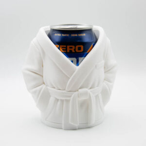 White 3D printed dressing gown can holder with a drinks can, front view
