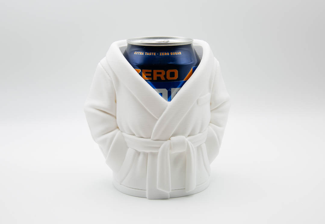 White 3D printed dressing gown can holder with a drinks can, front view