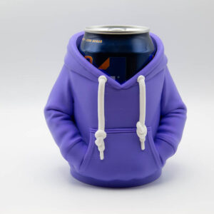 Purple 3D printed hoodie can holder with white drawstrings holding a drinks can