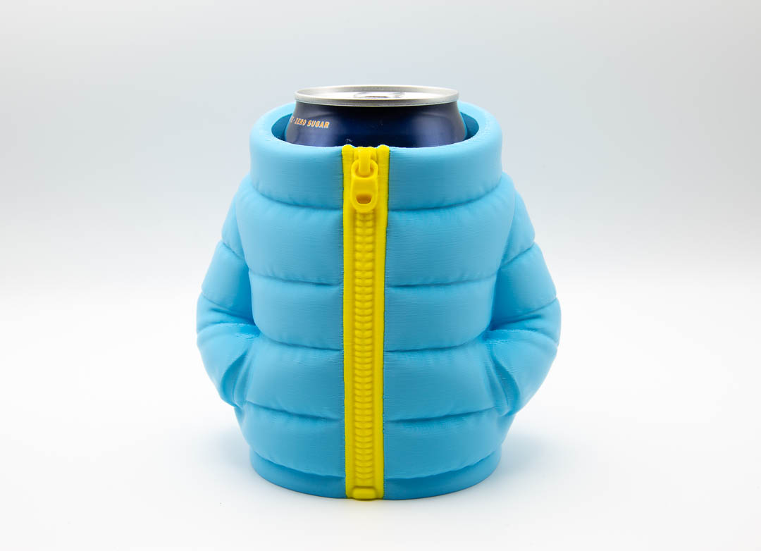 Light blue 3D printed puffer jacket can holder with yellow zip holding a drinks can