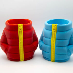 Red and light blue puffer jacket can holders side by side
